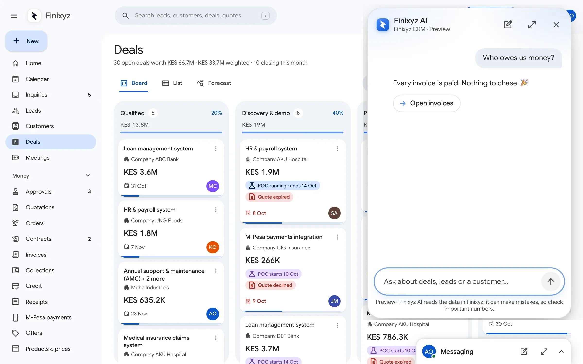 The Finixyz AI chat open over the deals board, answering who owes money