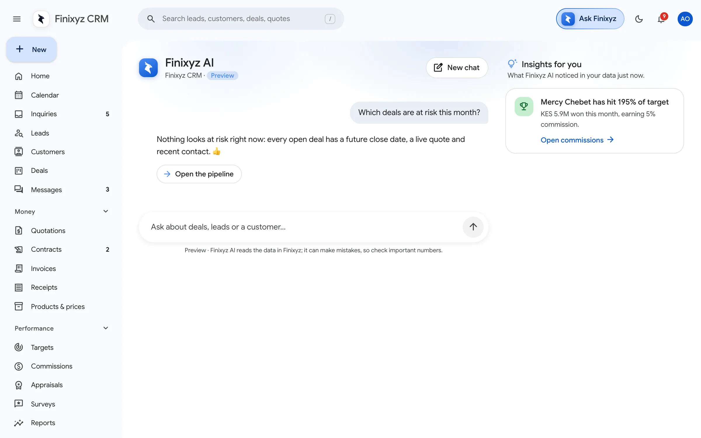 The Finixyz AI page with a conversation and insights for you
