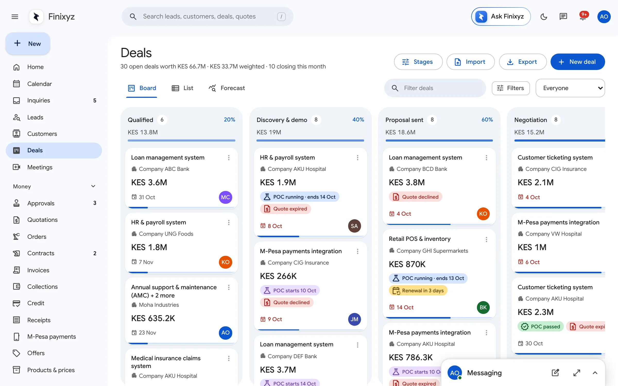 The deals board with stages and values