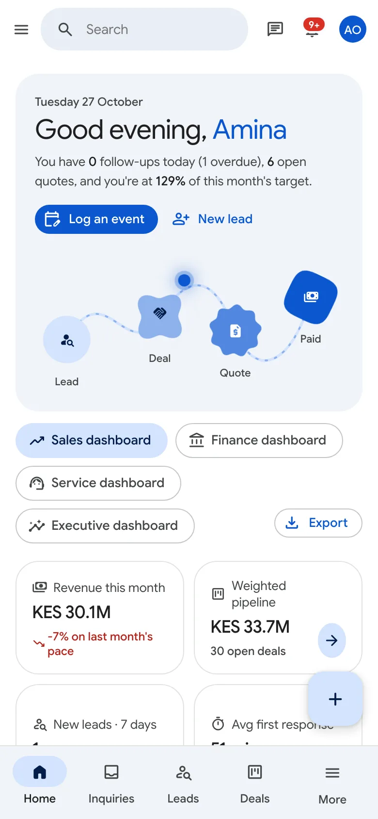 Home on a phone with greeting, target and pipeline