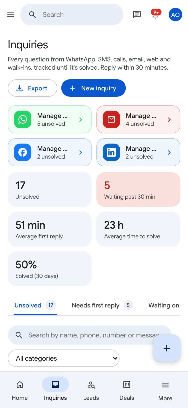The inquiries inbox on a phone