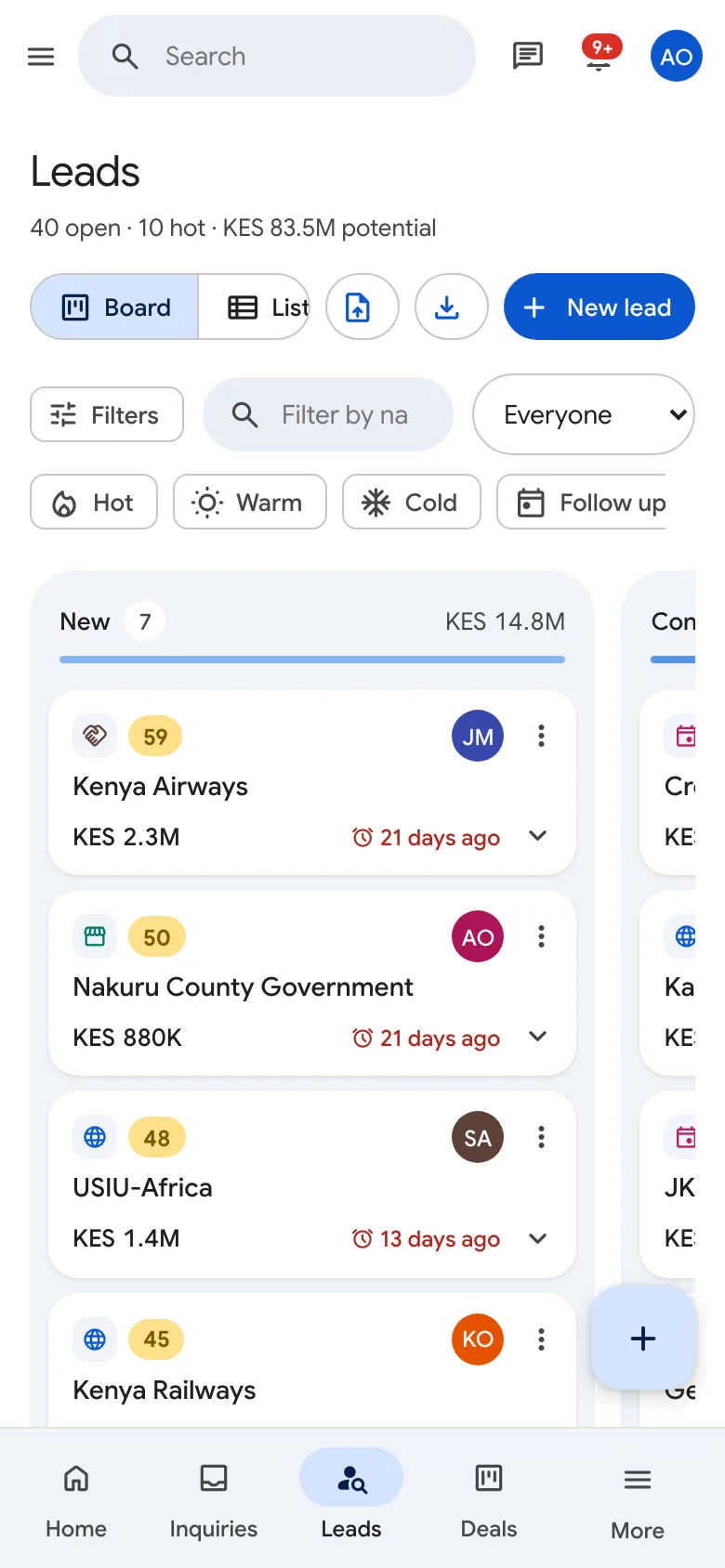 Leads board on a phone