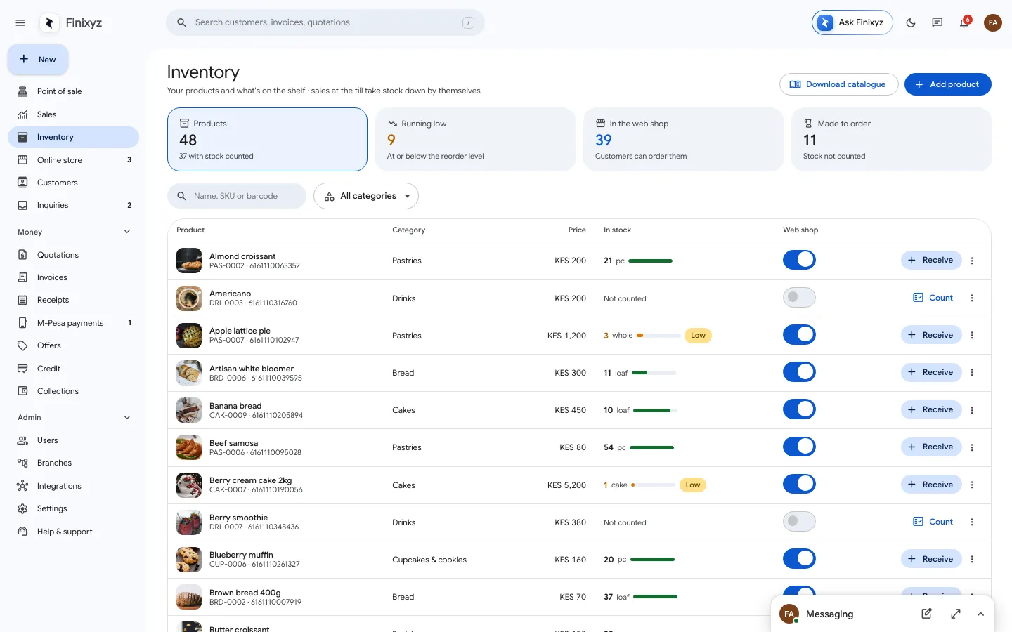 Inventory: products with stock bars, low stock badges and Receive buttons